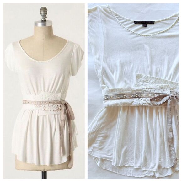 Anthropologie A Common Thread Obi Wrap Belt Scoop Neck Cap Sleeve Top in White S - Picture 1 of 11